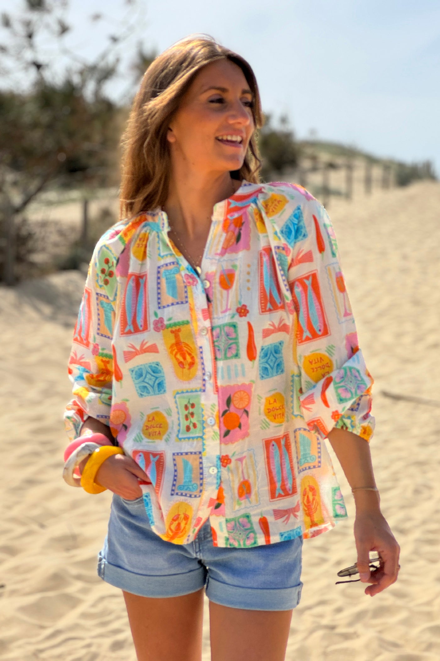 White and Pink “La Dolce Vita” Coastal Buffet Blouse