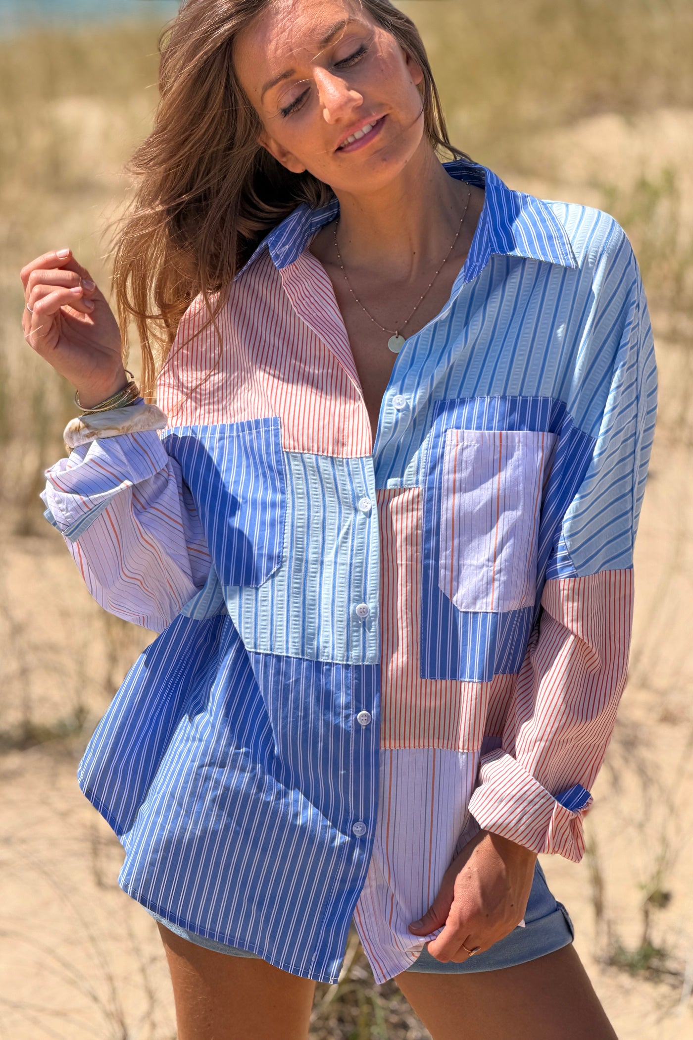 Chemise en coton imprimé rayures diverses bleues et orange
