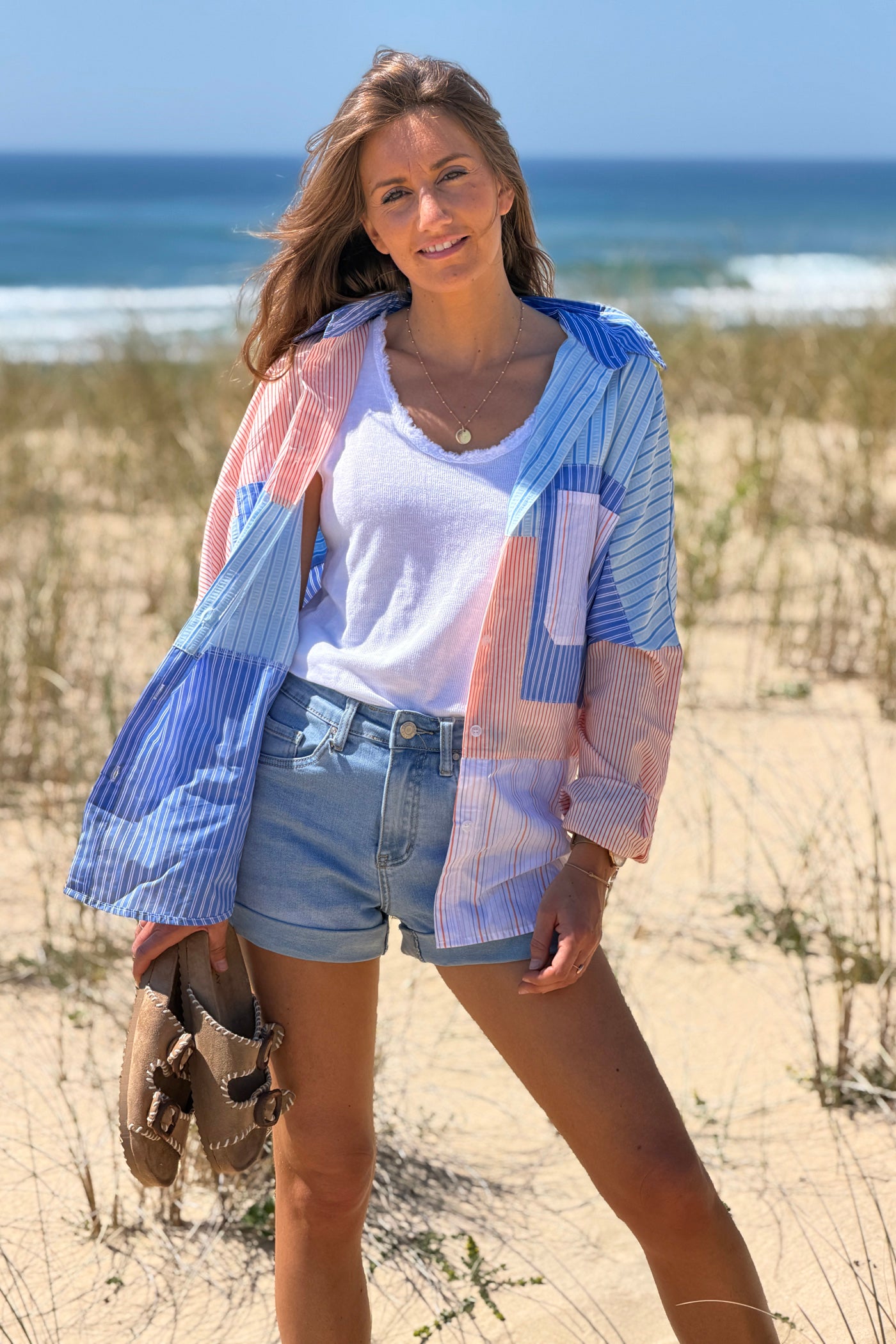 Chemise en coton imprimé rayures diverses bleues et orange