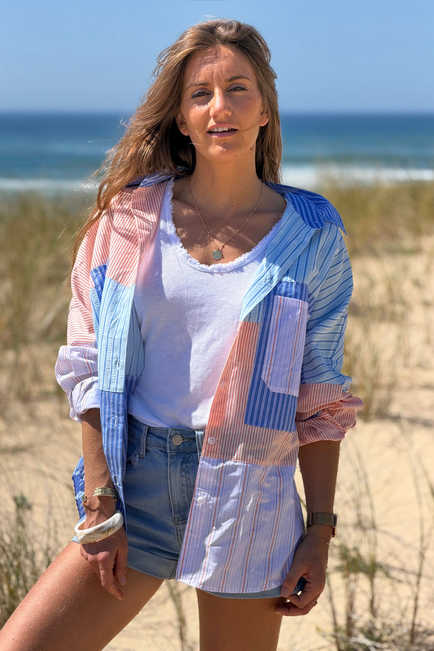Chemise en coton imprimé rayures diverses bleues et orange