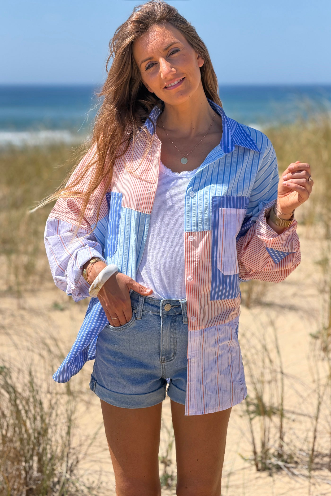 Chemise en coton imprimé rayures diverses bleues et orange