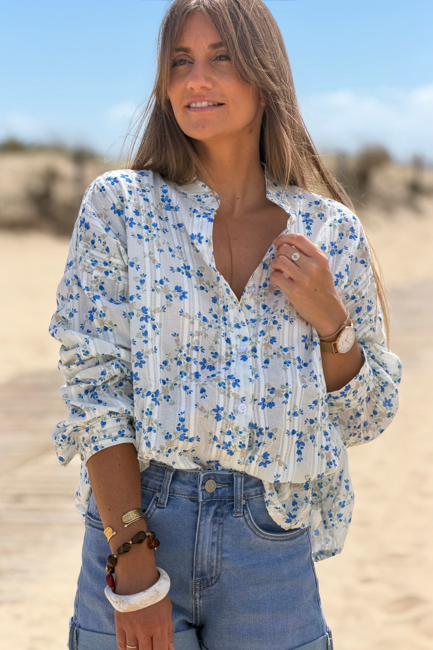 Blue Floral Tapestry Stripe Blouse