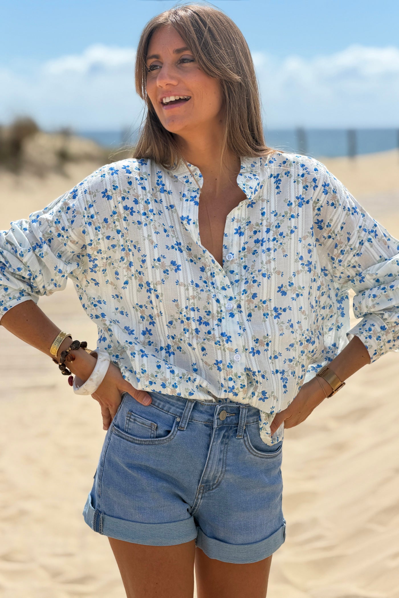 Blue Floral Tapestry Stripe Blouse