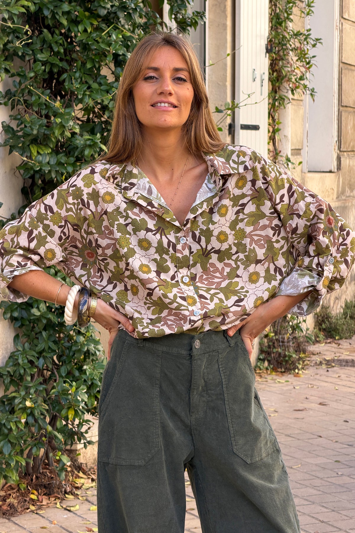 Olive Floral Anemone Button-Down Blouse