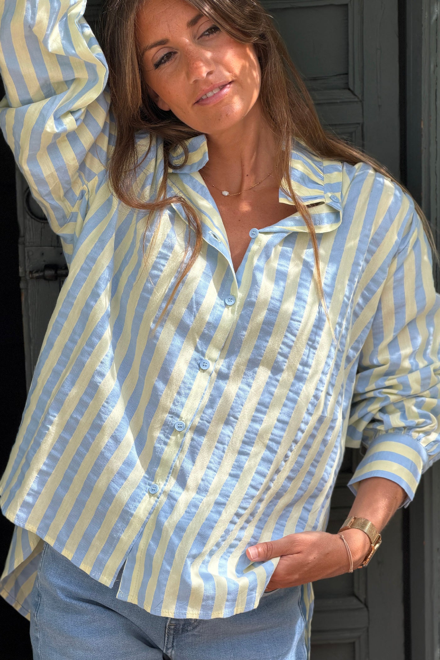 Blue Cabana Stripe Cotton Button-Down Blouse