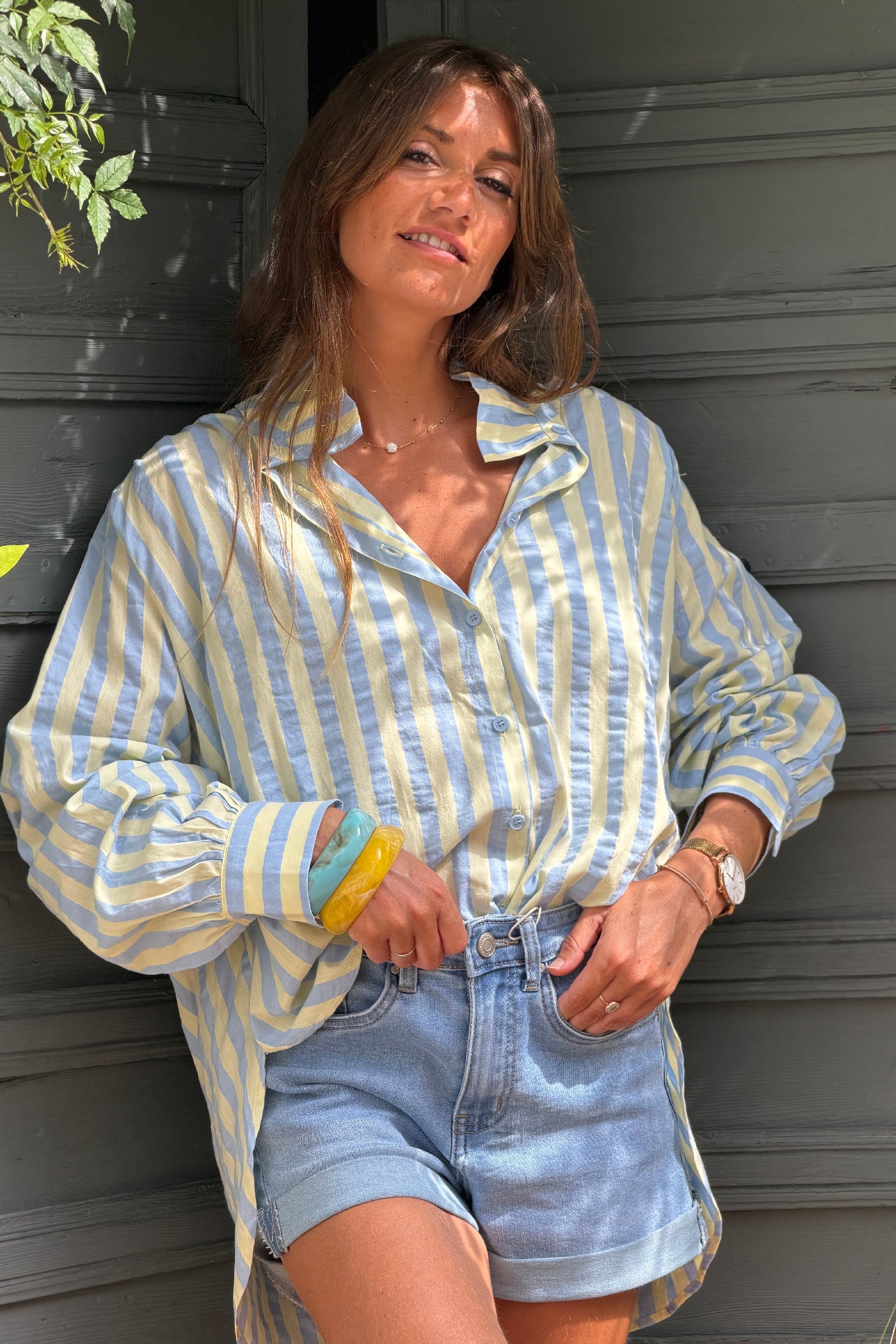 Blue Cabana Stripe Cotton Button-Down Blouse