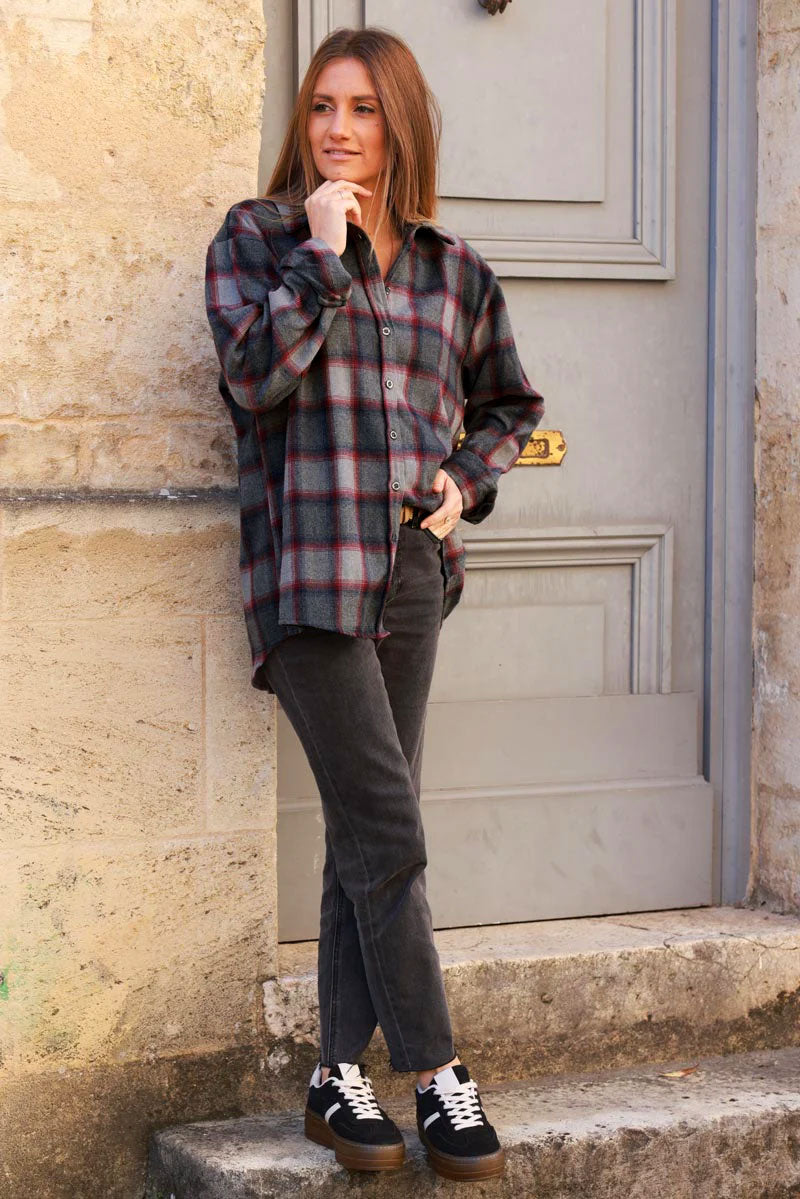 Gray and Red Plaid Button-Down Shirt