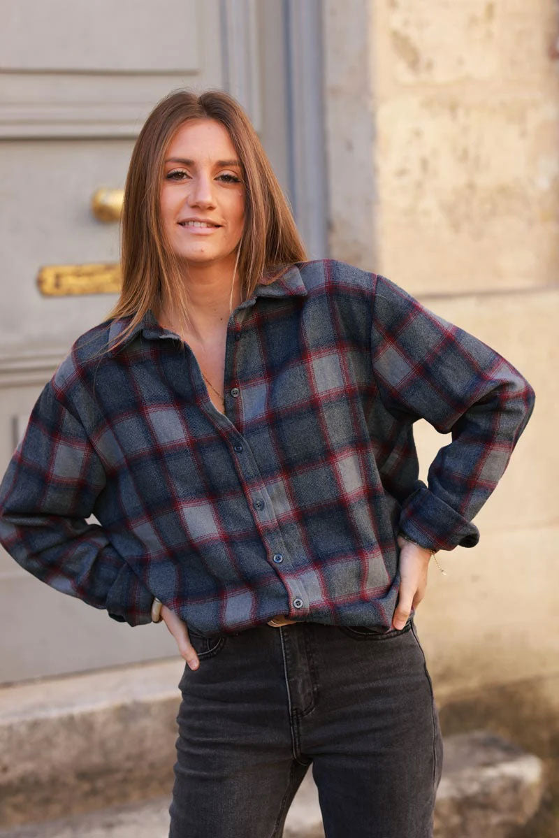 Gray and Red Plaid Button-Down Shirt