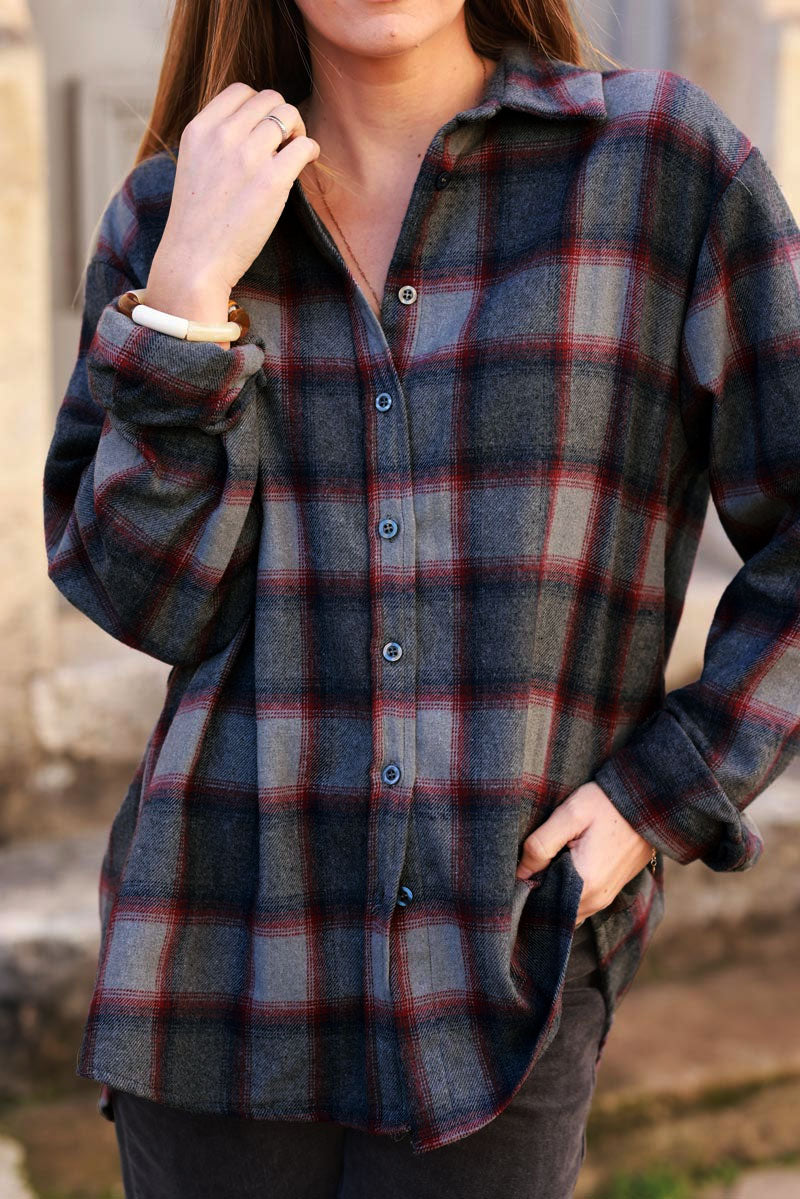 Gray and Red Plaid Button-Down Shirt