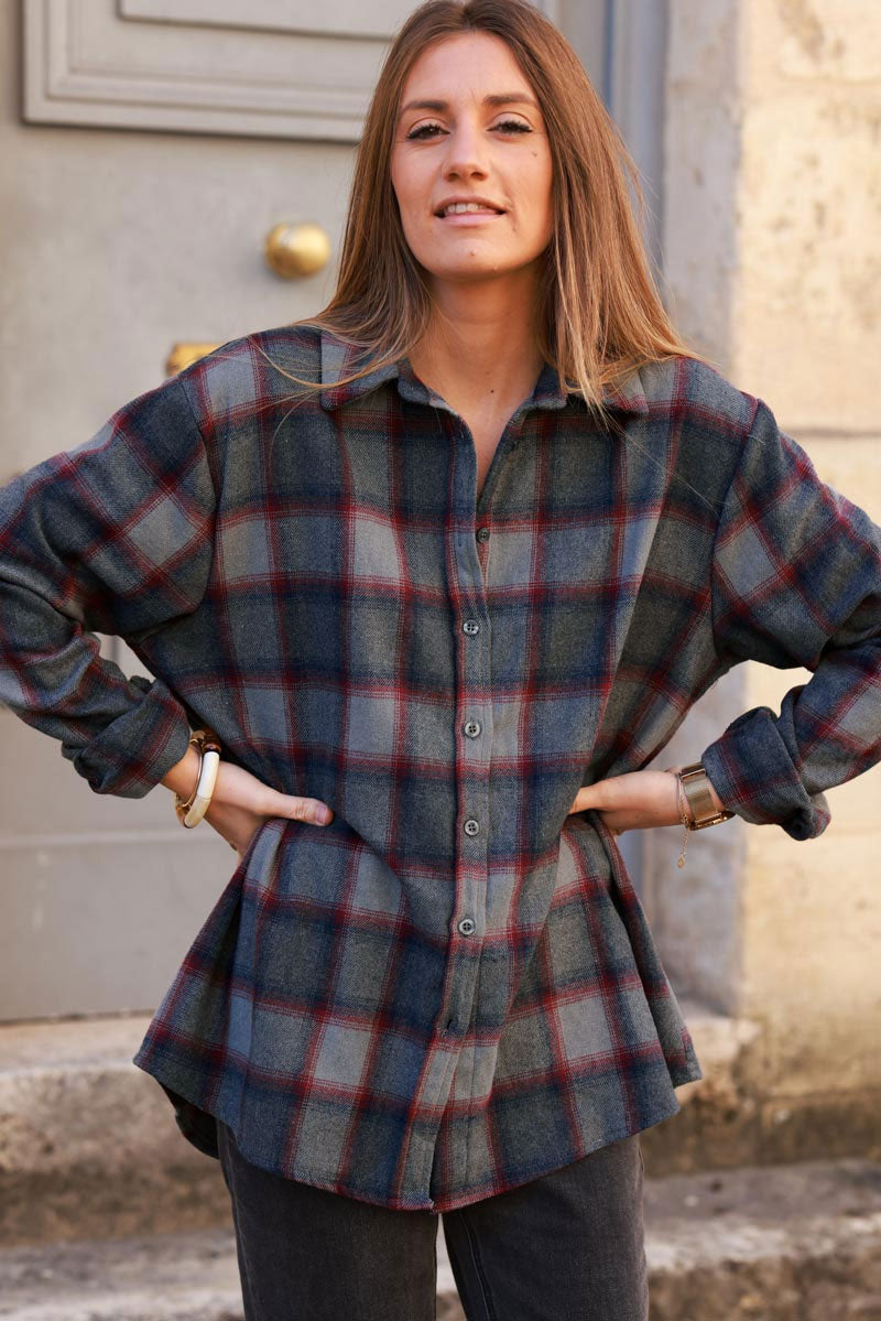 Gray and Red Plaid Button-Down Shirt