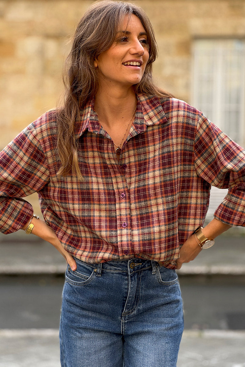 Burgundy Plaid Button-Down Blouse