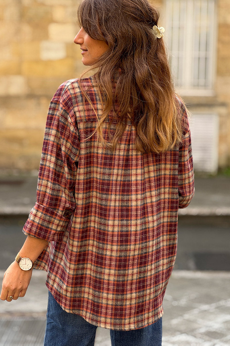 Burgundy Plaid Button-Down Blouse