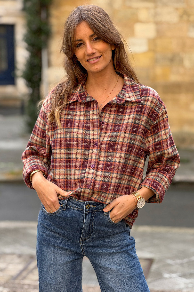 Burgundy Plaid Button-Down Blouse