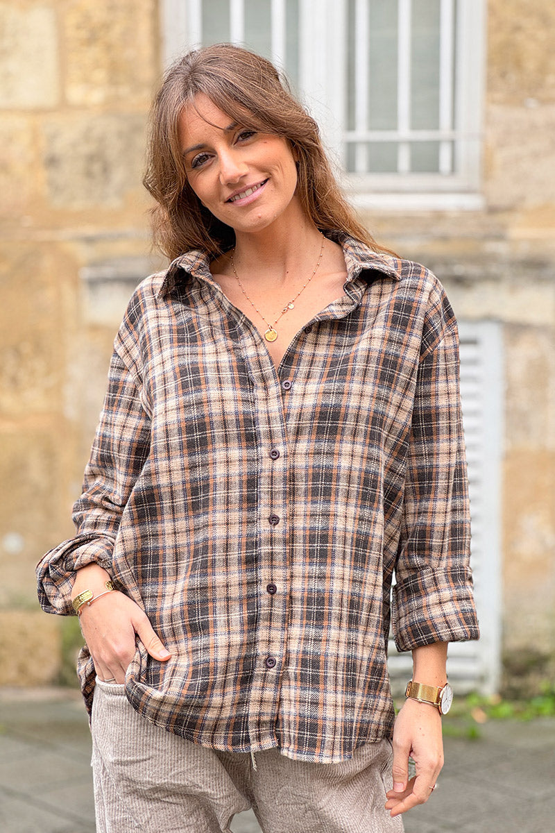 Brown Plaid Button-Down Blouse