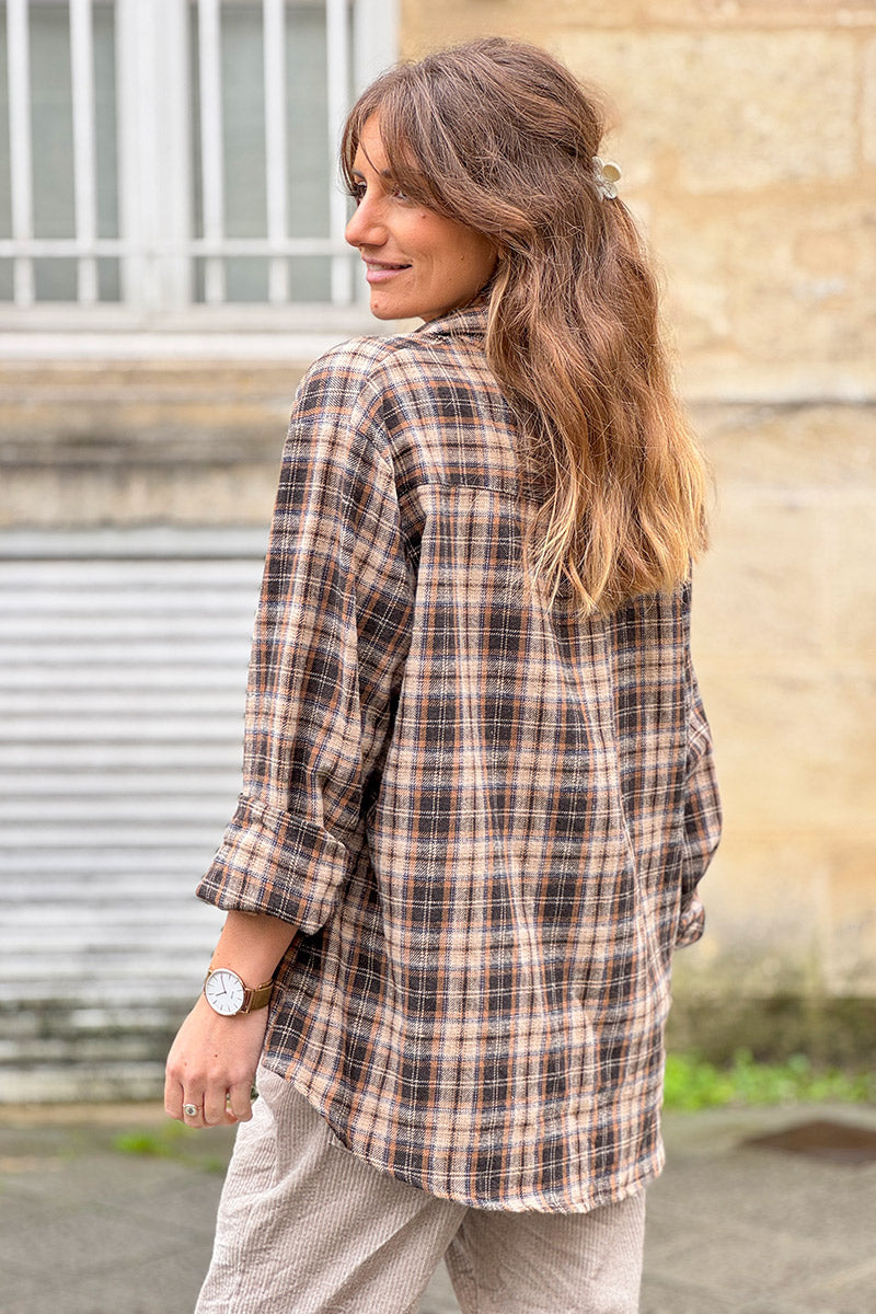 Brown Plaid Button-Down Blouse