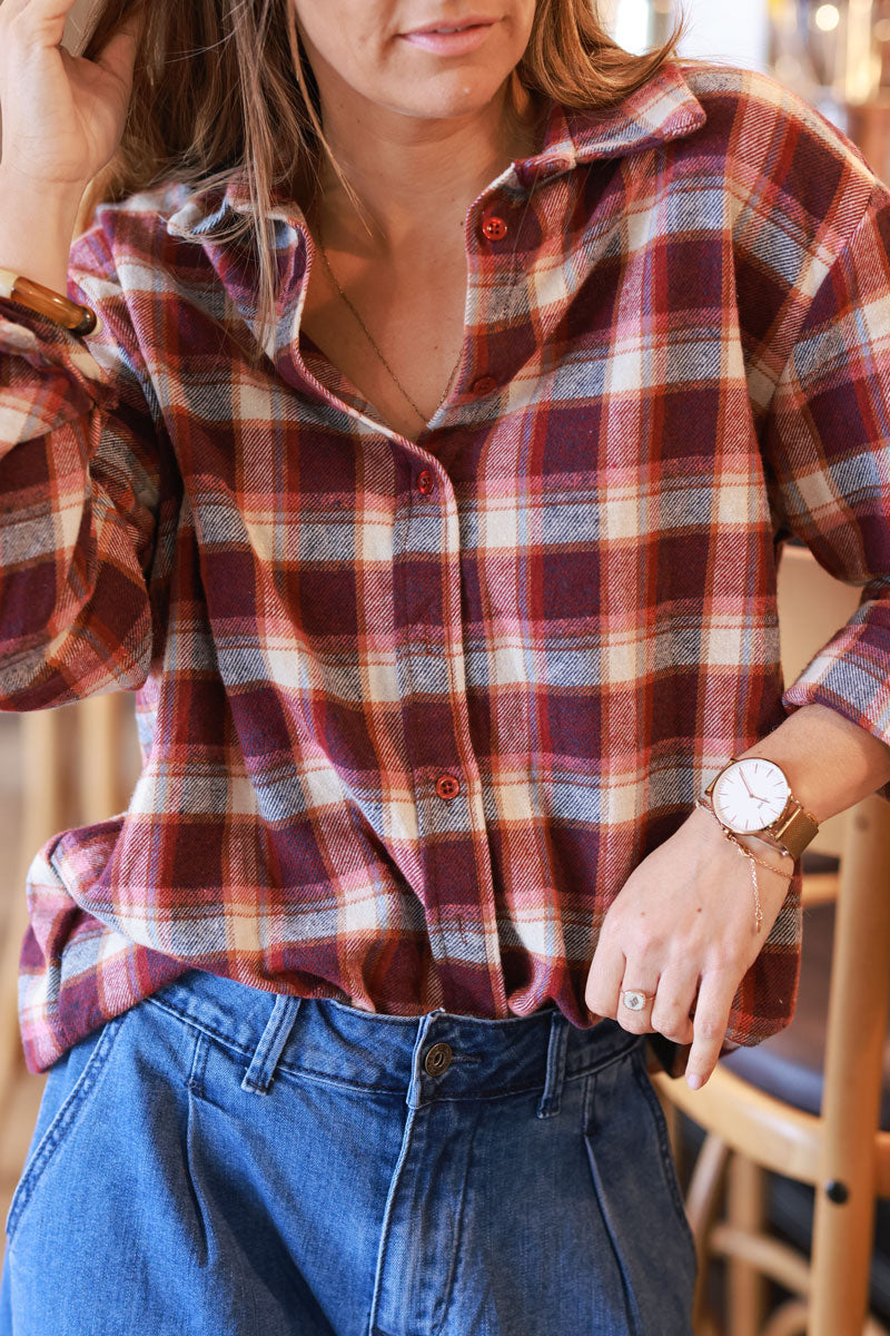 Chemise en flanelle toute douce à carreaux beige et rose foncé