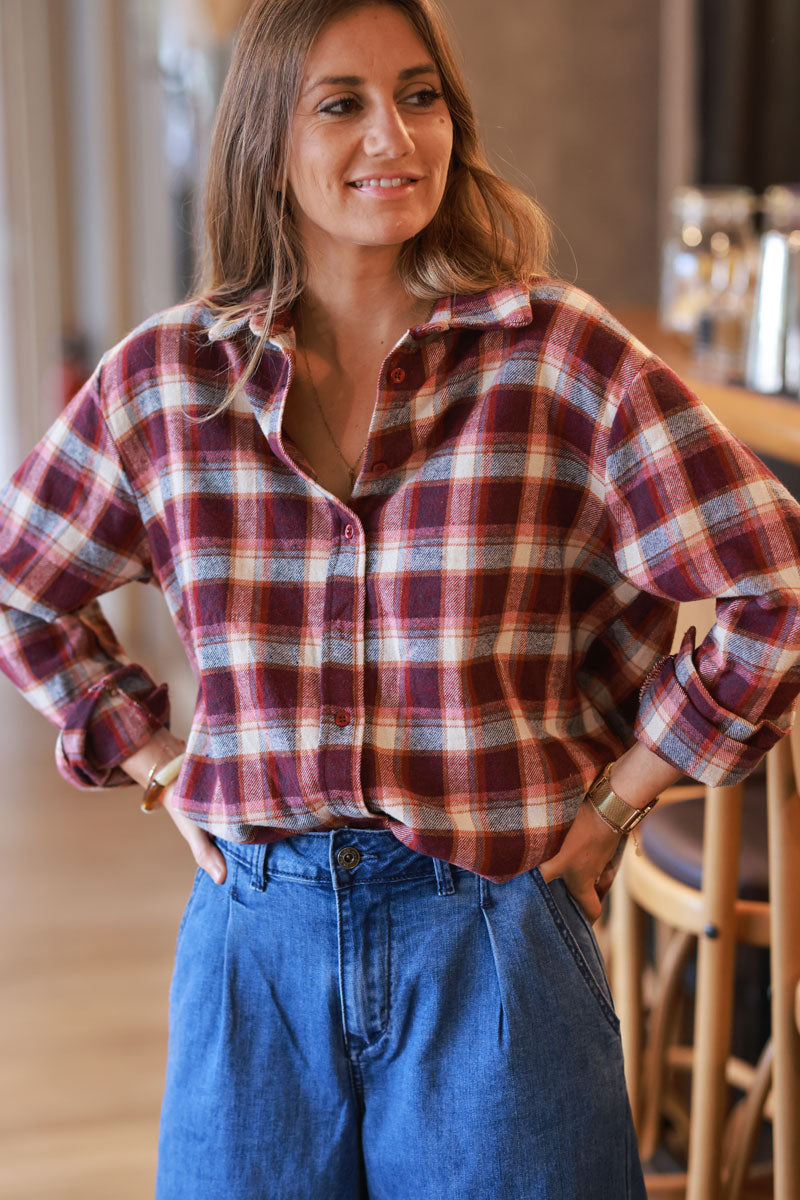 Chemise en flanelle toute douce à carreaux beige et rose foncé