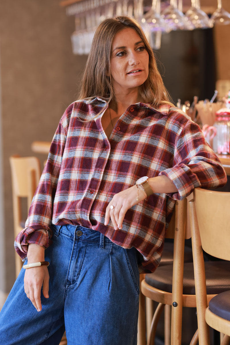 Chemise en flanelle toute douce à carreaux beige et rose foncé