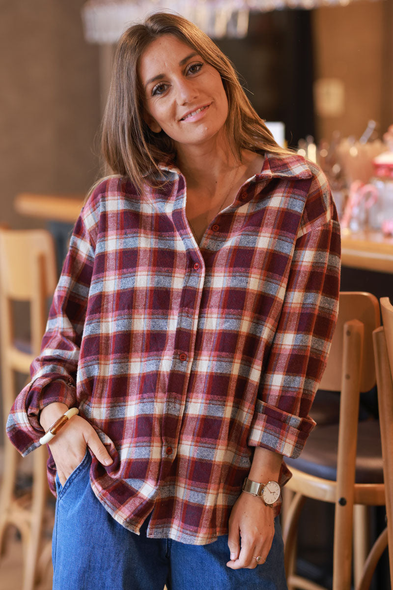 Chemise en flanelle toute douce à carreaux beige et rose foncé