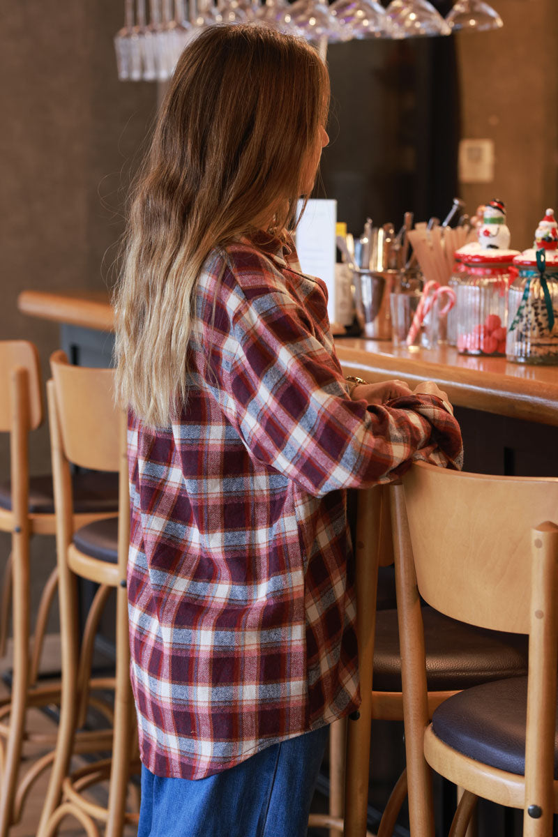 Chemise en flanelle toute douce à carreaux beige et rose foncé