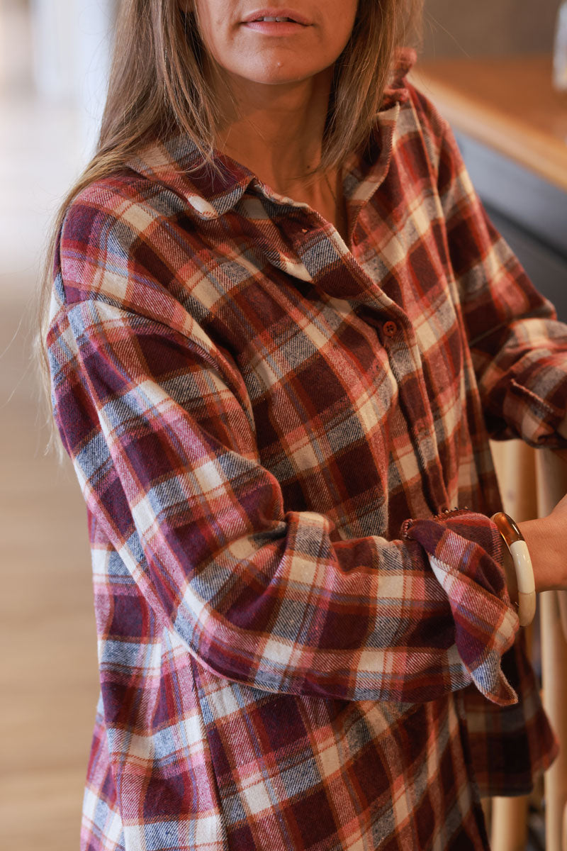 Chemise en flanelle toute douce à carreaux beige et rose foncé