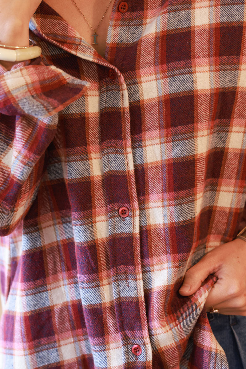 Chemise en flanelle toute douce à carreaux beige et rose foncé