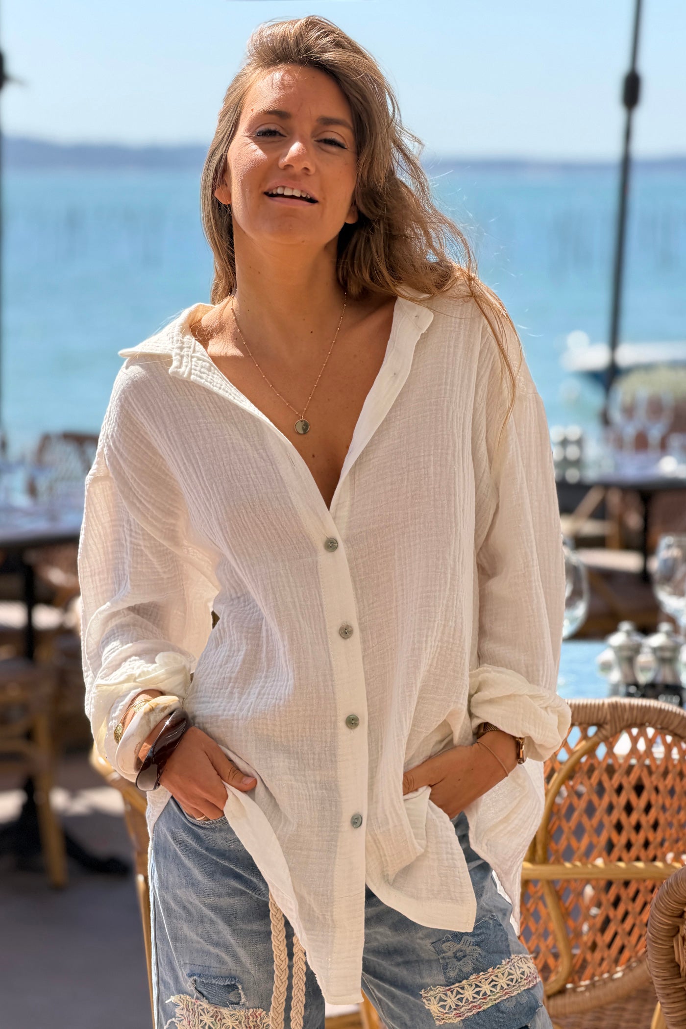 Chemise en gaze de coton blanc cassé dos imprimé Capri Amalfi Coast Italy oranges
