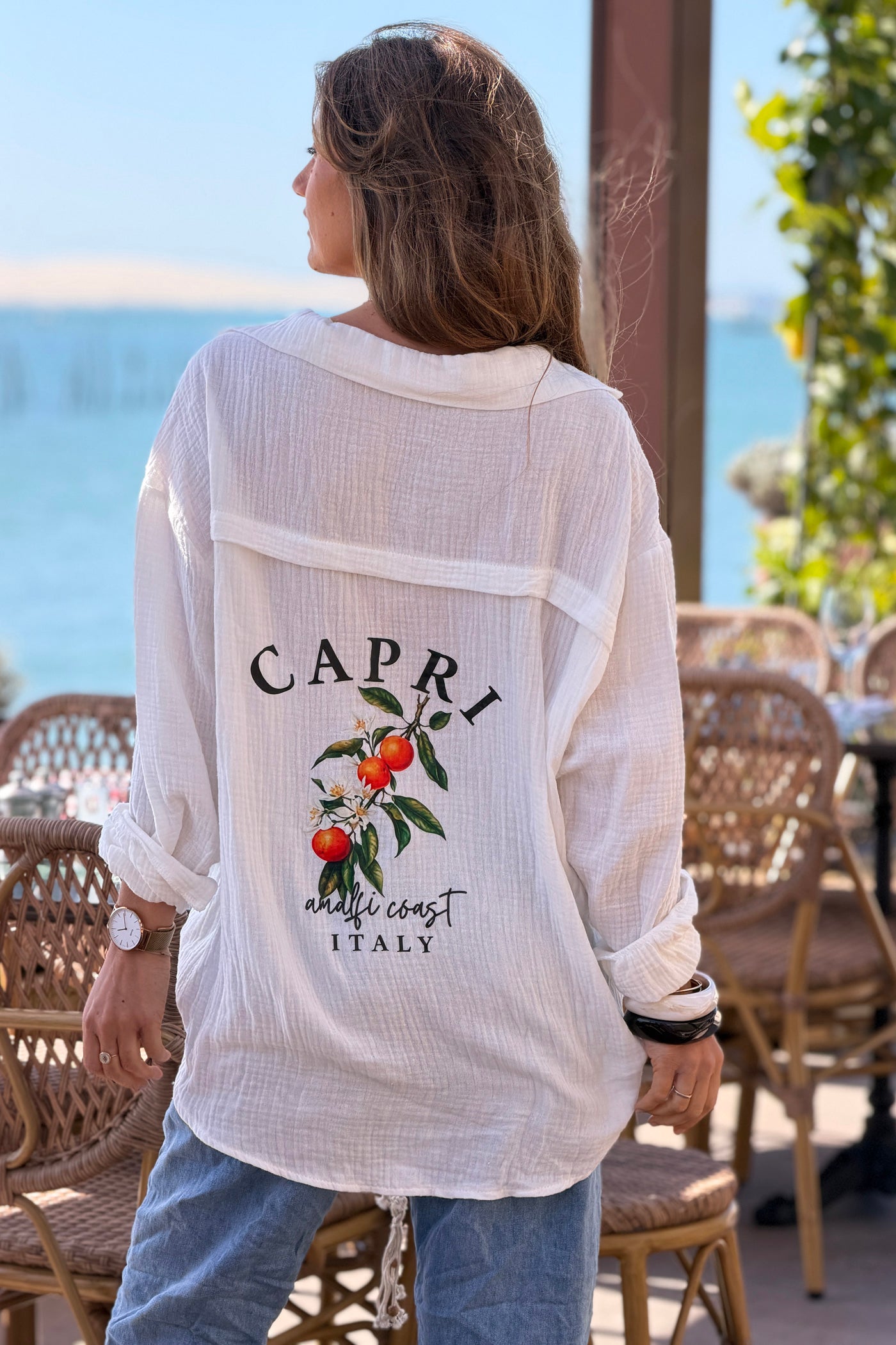 Chemise en gaze de coton blanc cassé dos imprimé Capri Amalfi Coast Italy oranges