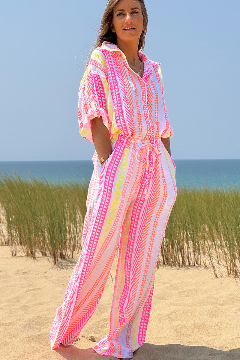 White Gauze Neon Stripe Button-Down Blouse