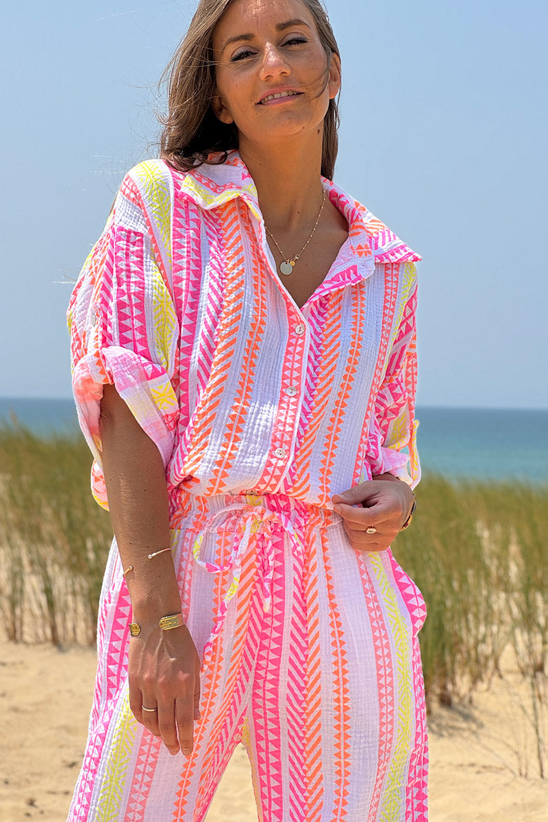 White Gauze Neon Stripe Button-Down Blouse