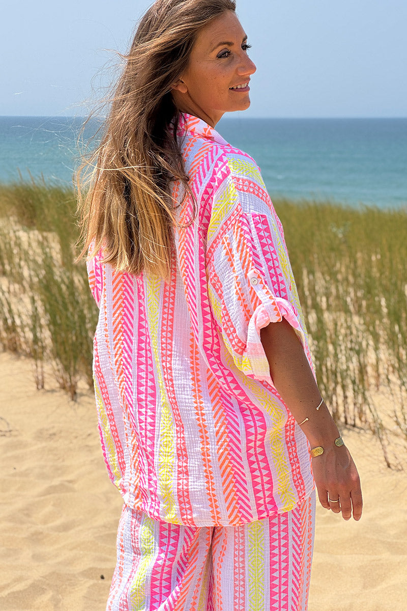 White Gauze Neon Stripe Button-Down Blouse
