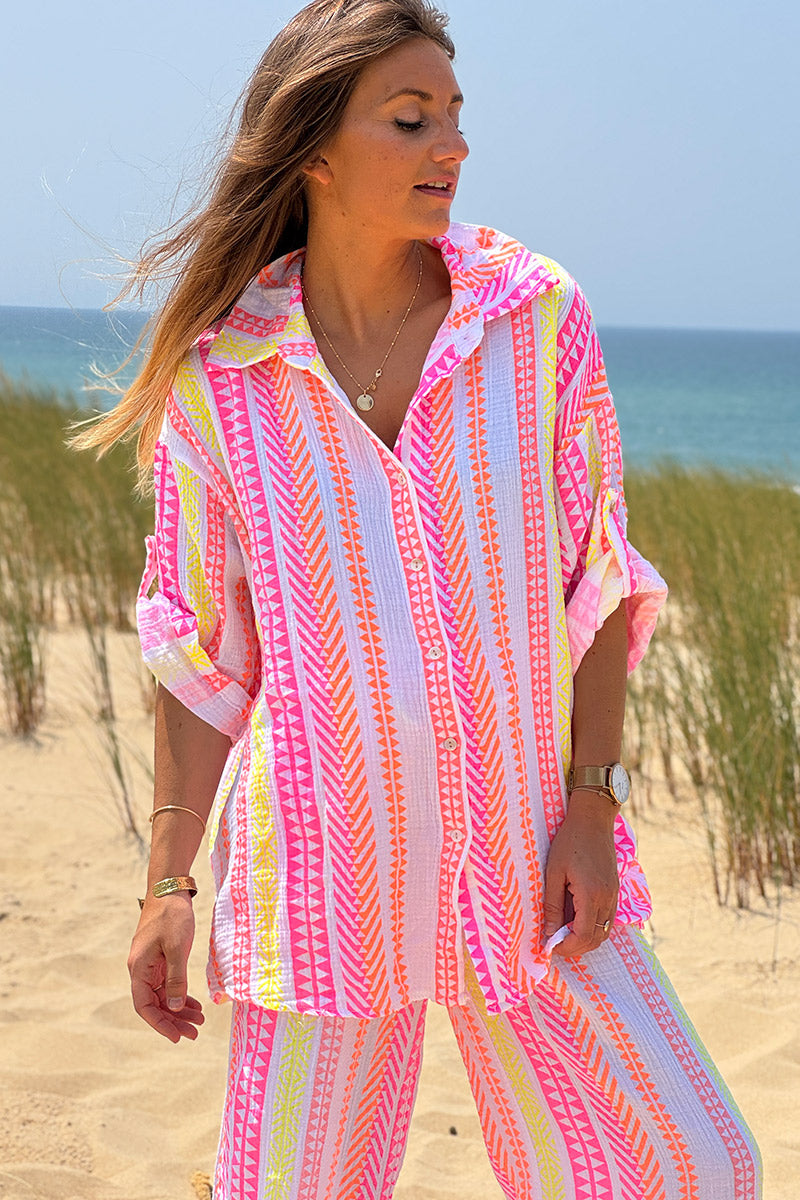 White Gauze Neon Stripe Button-Down Blouse