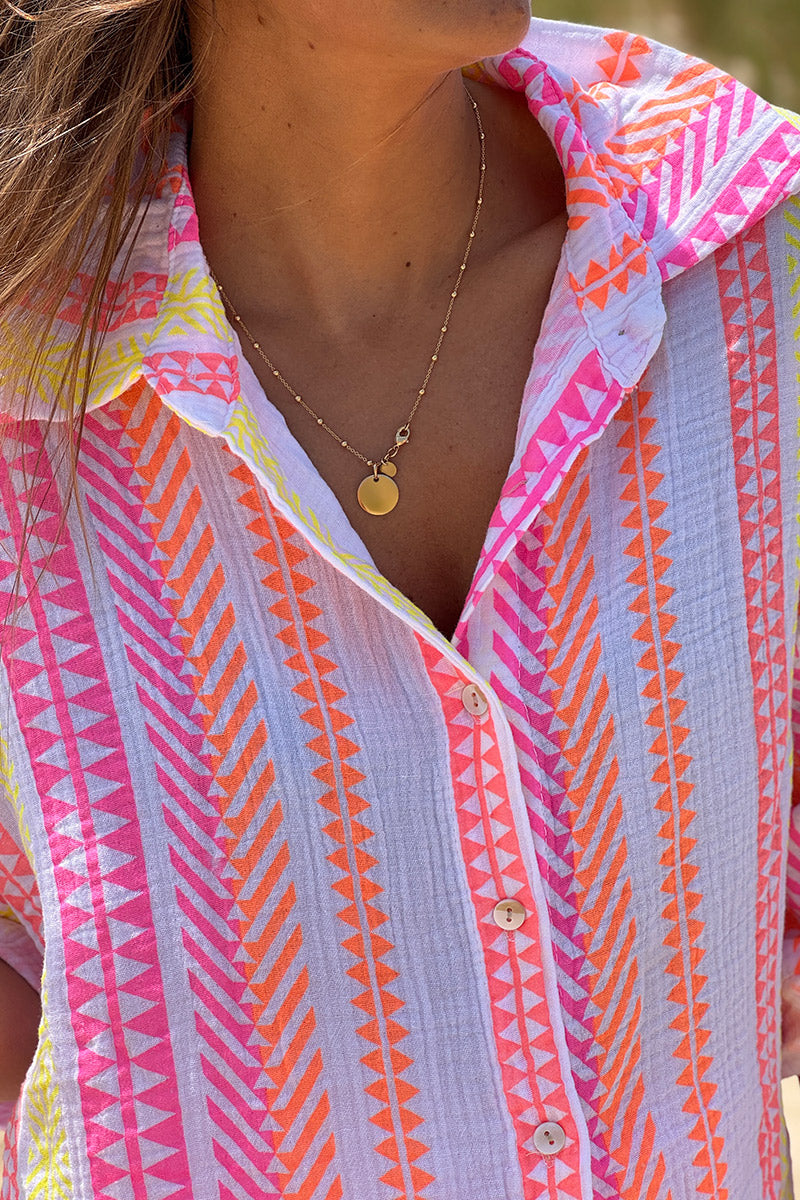 White Gauze Neon Stripe Button-Down Blouse