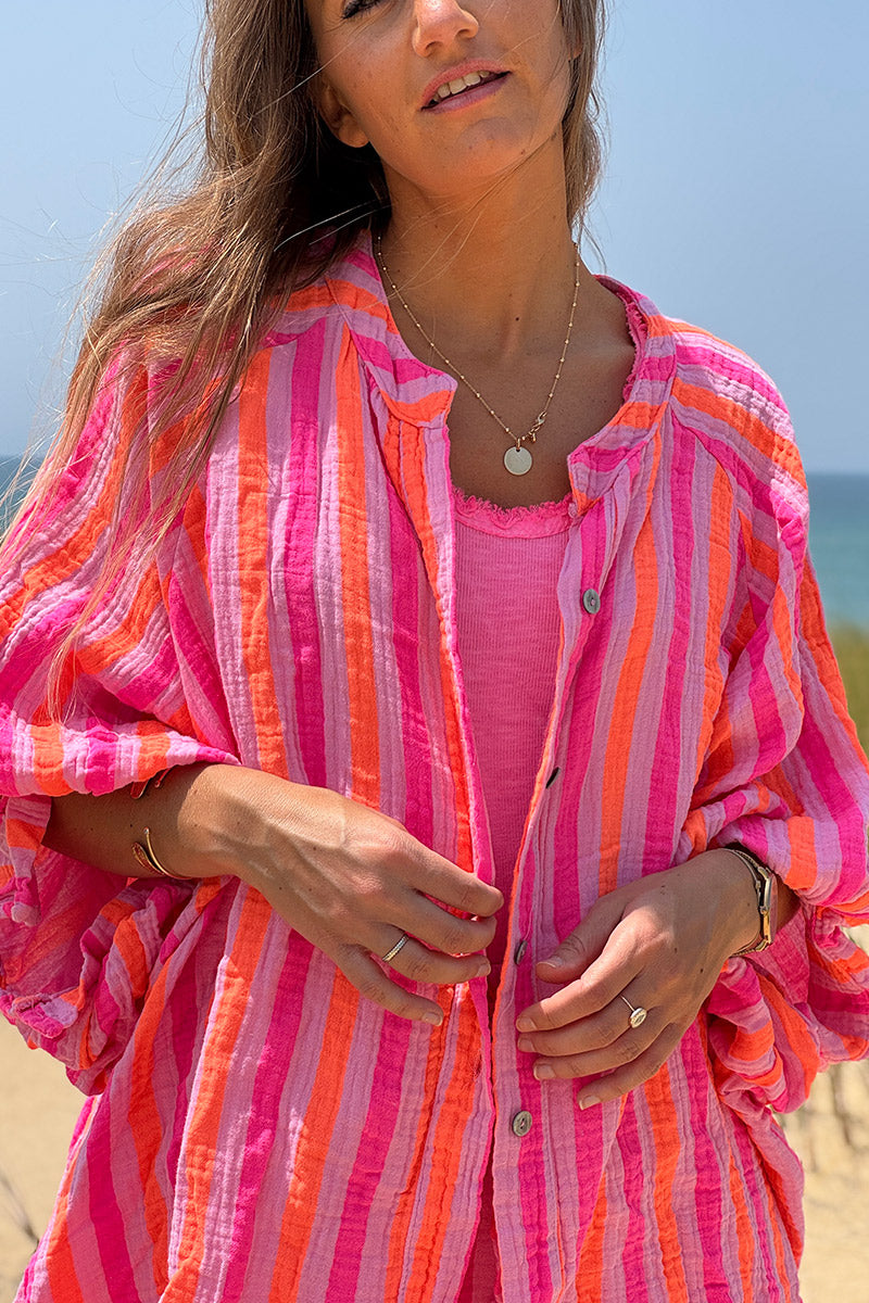 Hot Pink Striped Button-Down Blouse