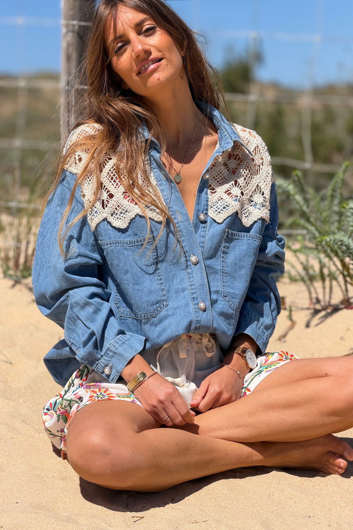 Cream Crochet Dreams Denim Blouse
