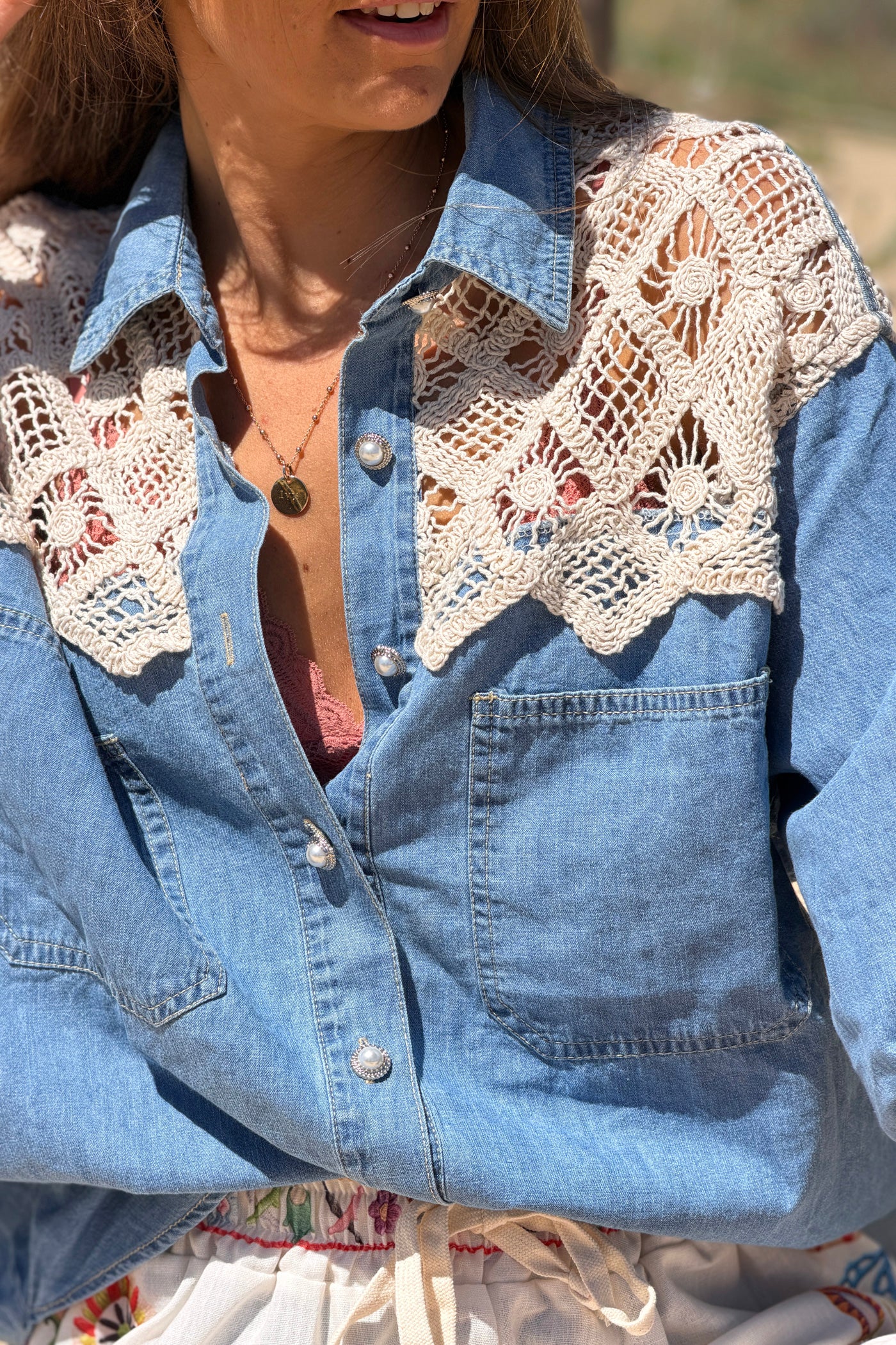 Cream Crochet Dreams Denim Blouse