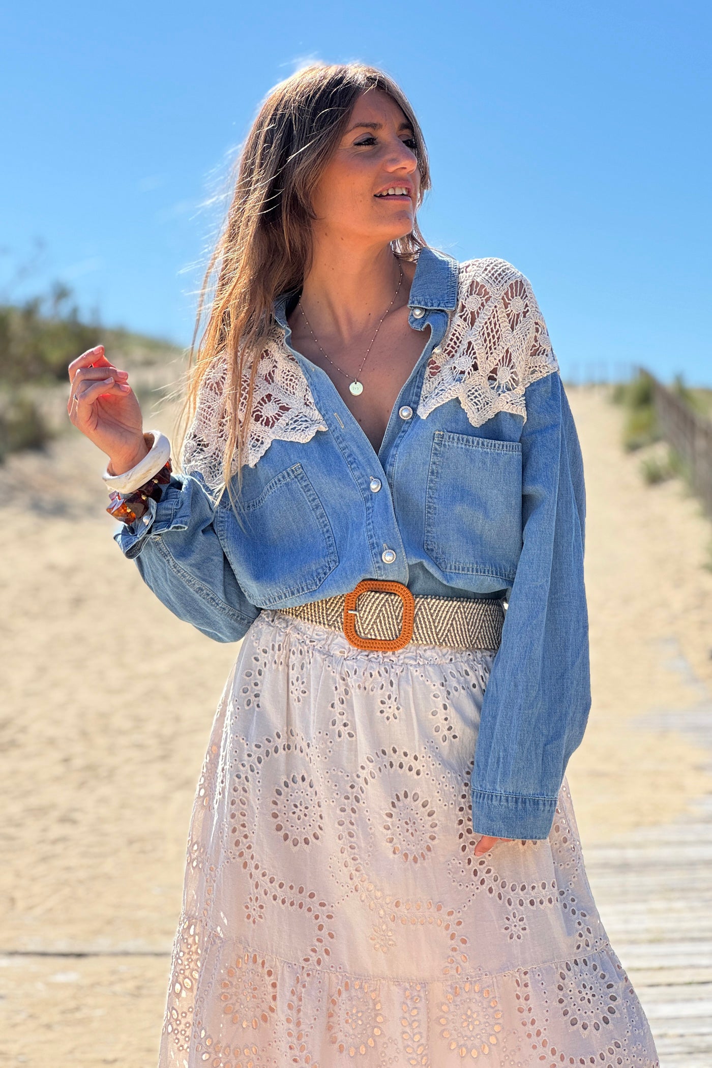 Cream Crochet Dreams Denim Blouse