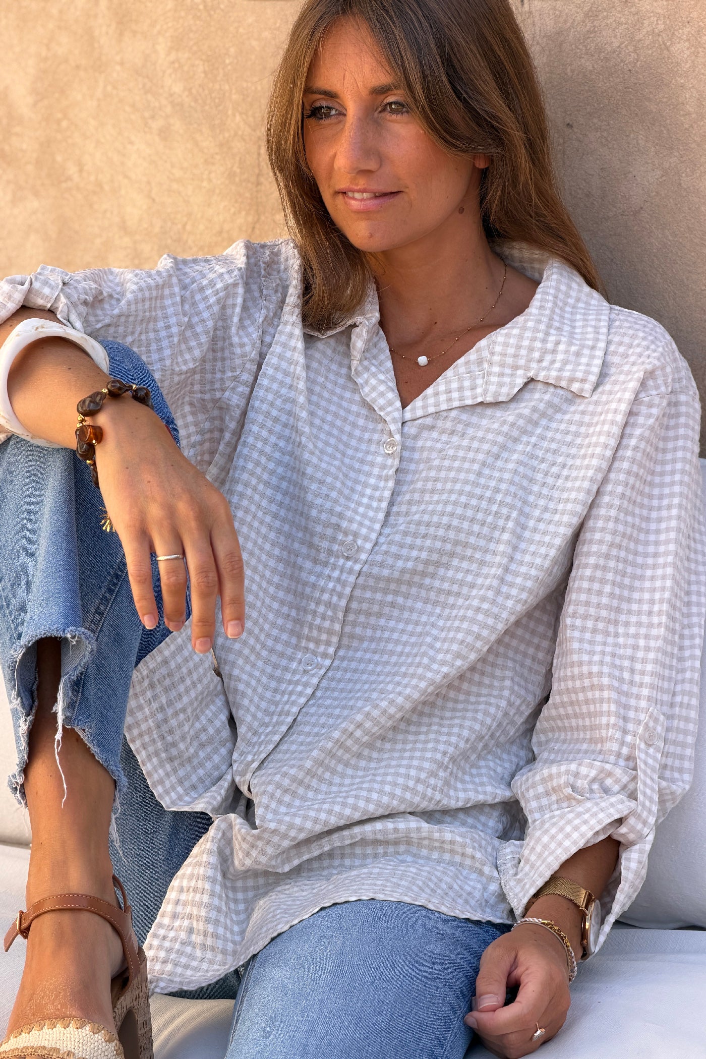 Beige Gingham Crinkle Gauze Blouse