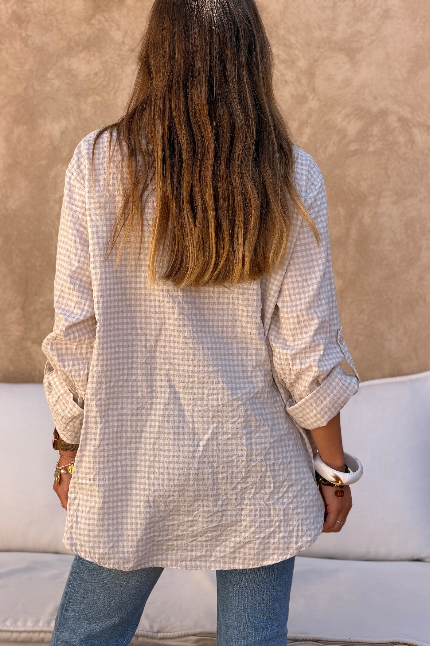 Beige Gingham Crinkle Gauze Blouse