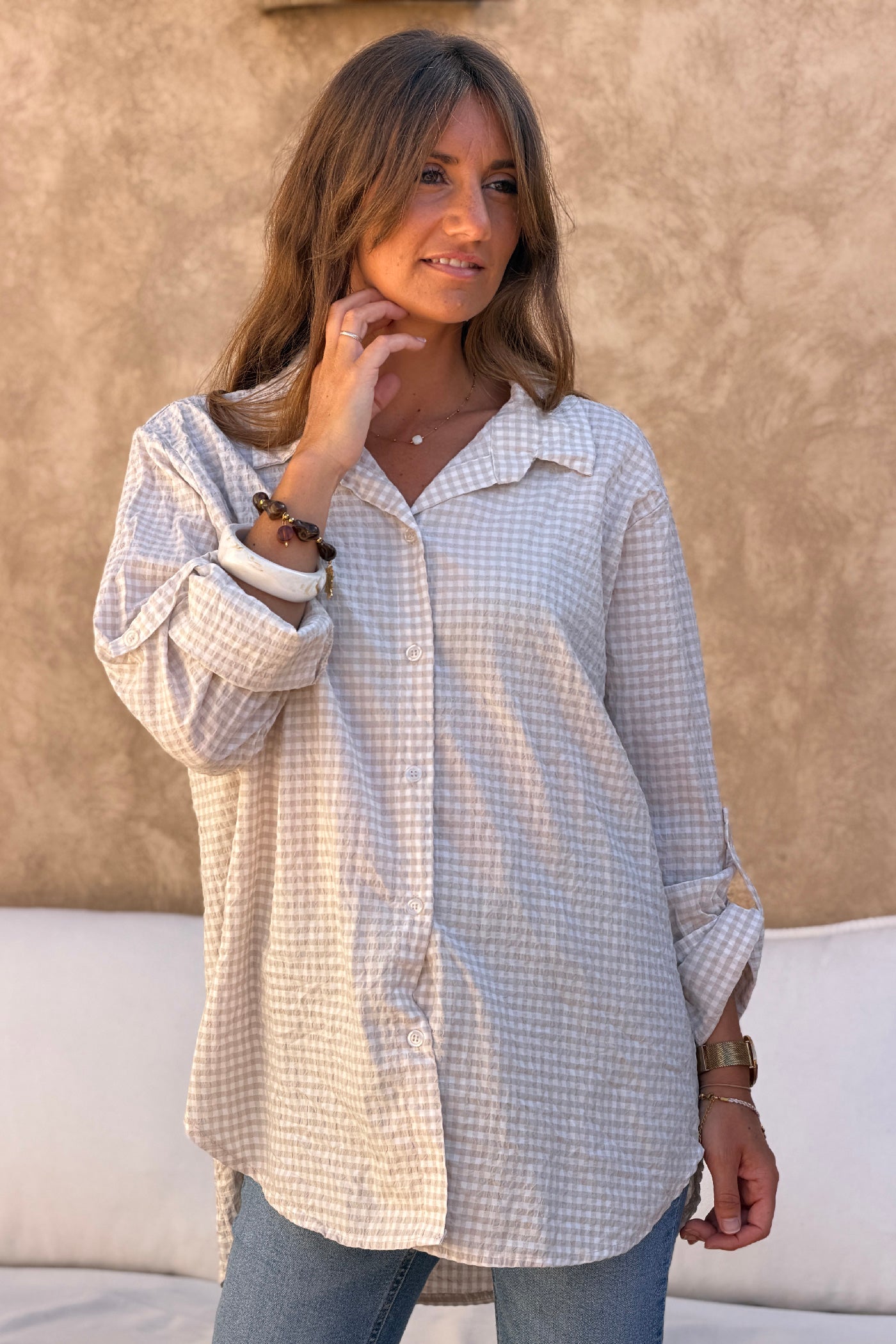 Beige Gingham Crinkle Gauze Blouse