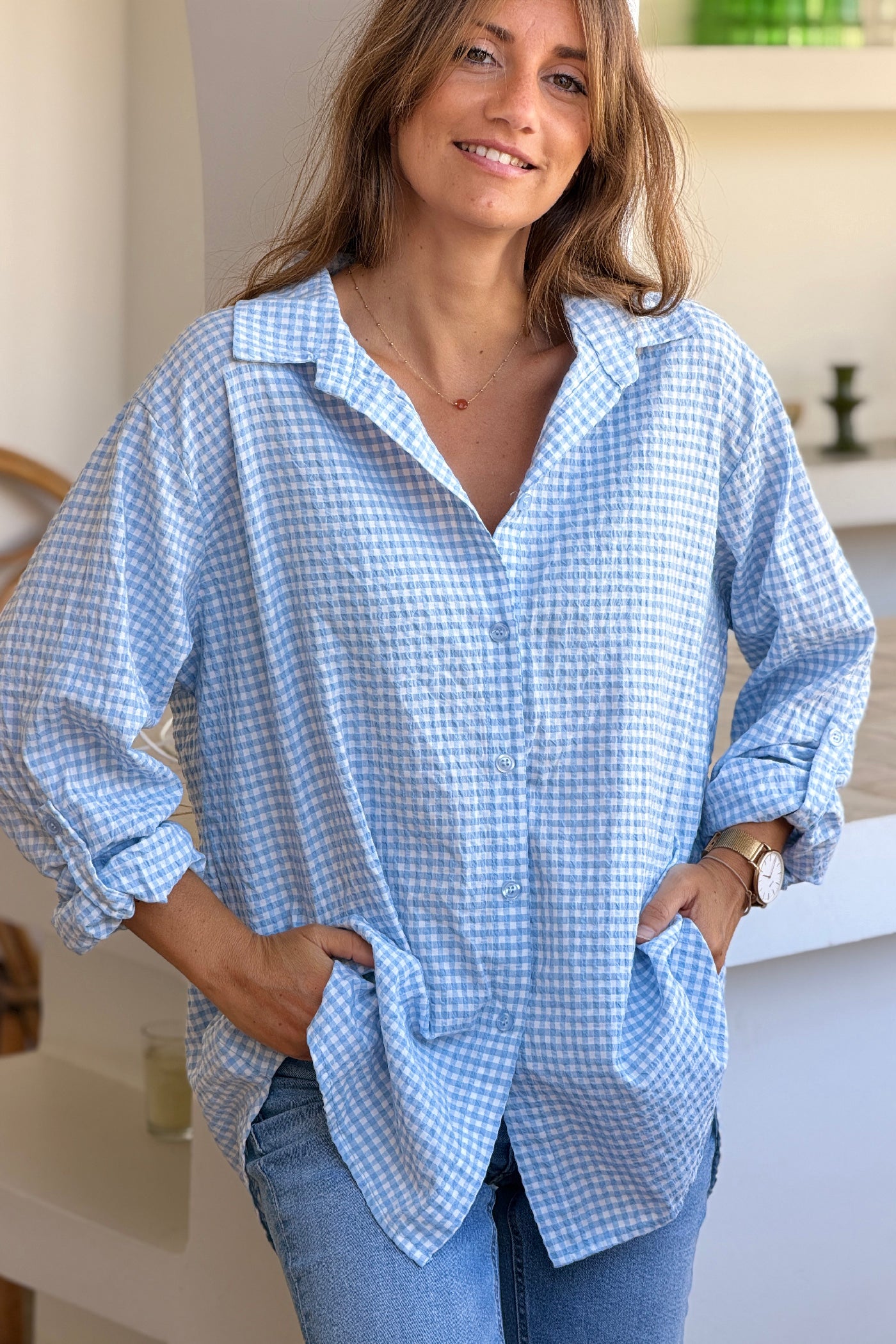 Powder Blue Gingham Crinkle Gauze Blouse