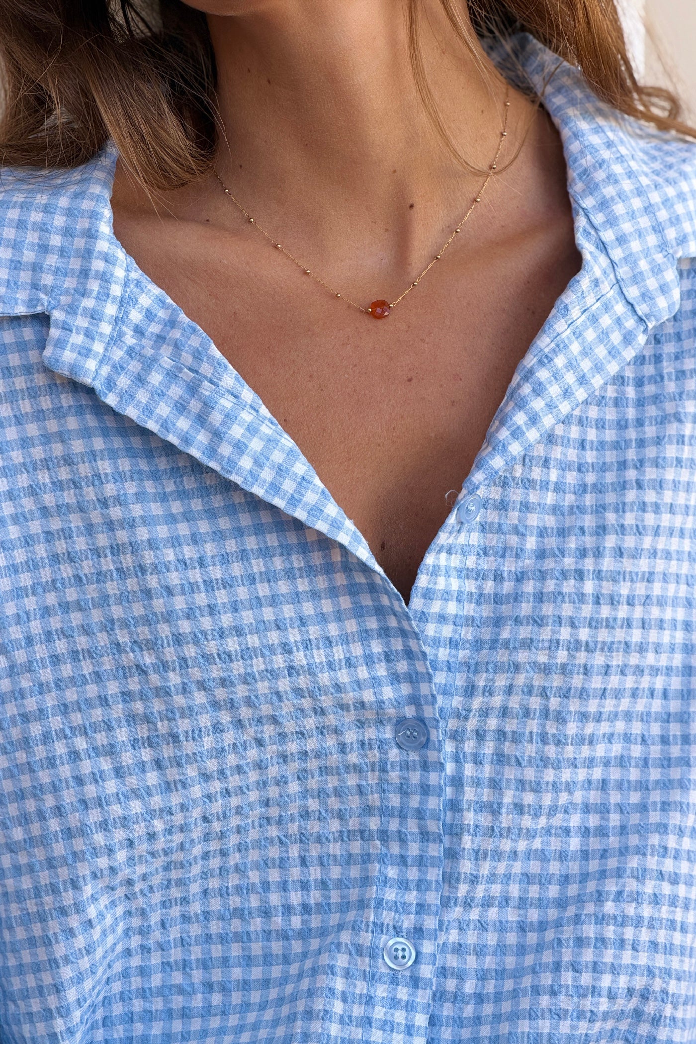 Powder Blue Gingham Crinkle Gauze Blouse