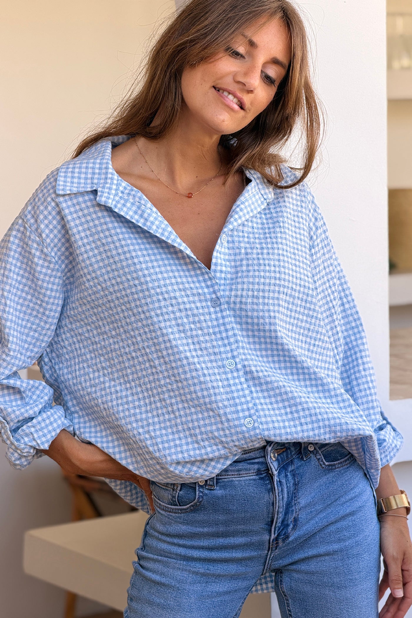 Powder Blue Gingham Crinkle Gauze Blouse