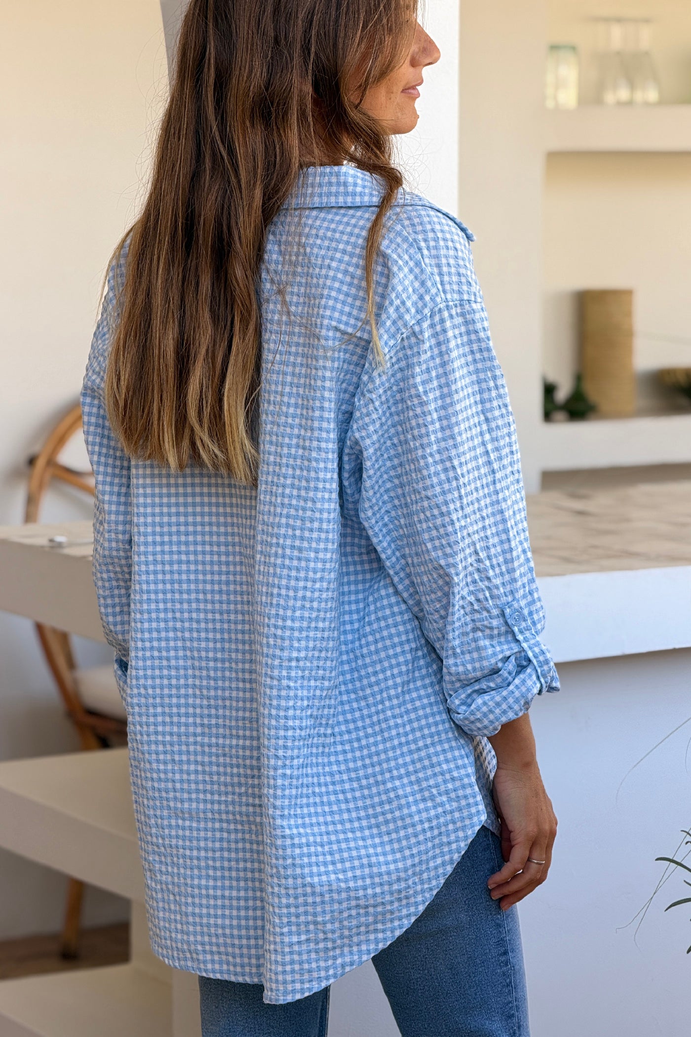 Powder Blue Gingham Crinkle Gauze Blouse