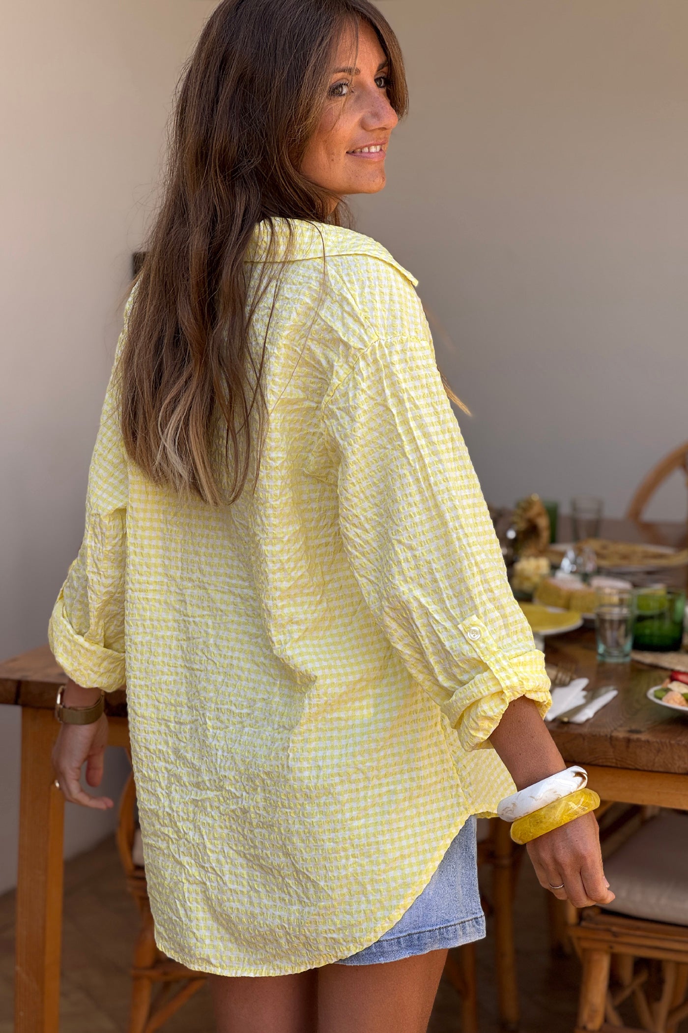Butter Yellow Gingham Crinkle Gauze Blouse