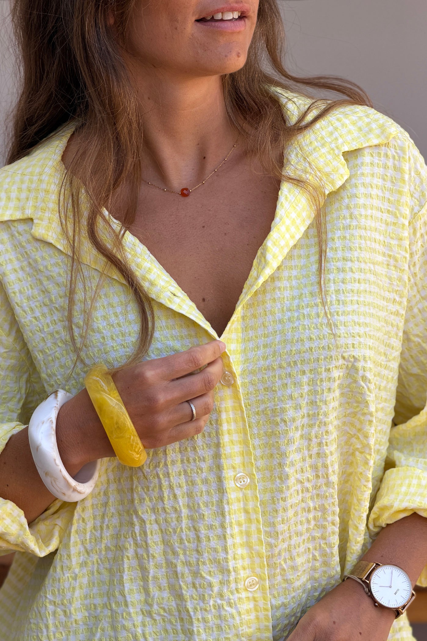 Butter Yellow Gingham Crinkle Gauze Blouse