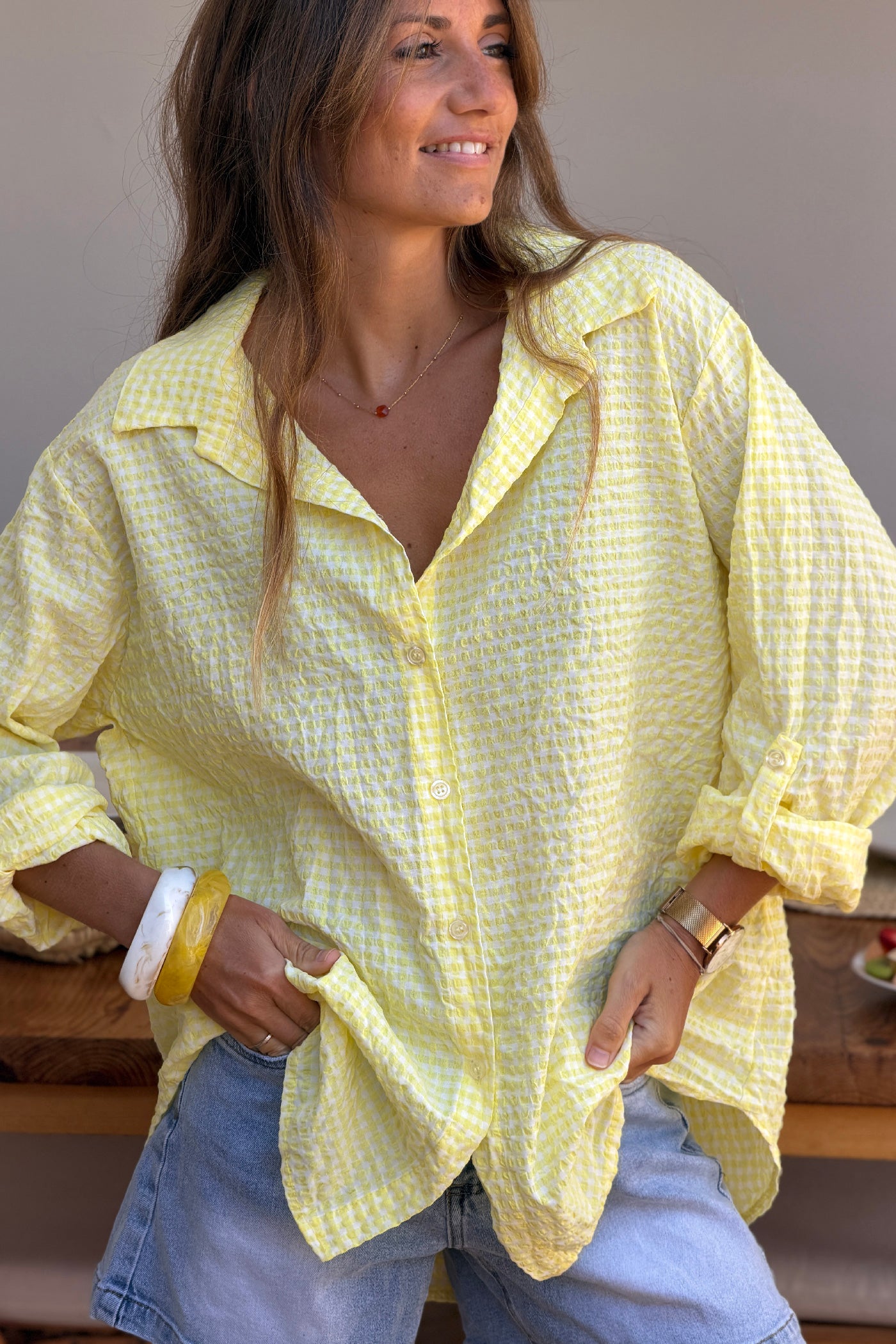 Butter Yellow Gingham Crinkle Gauze Blouse
