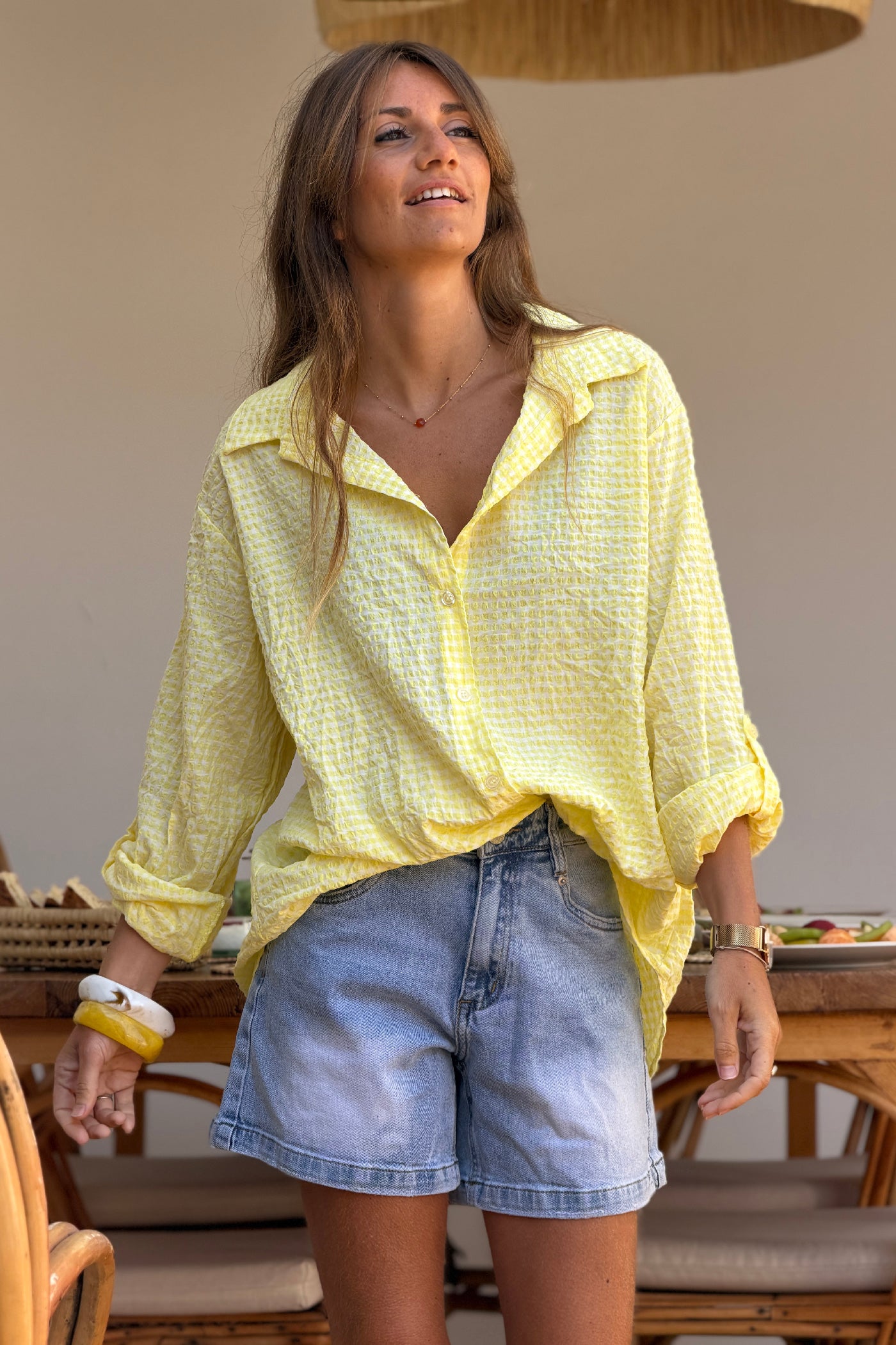 Butter Yellow Gingham Crinkle Gauze Blouse
