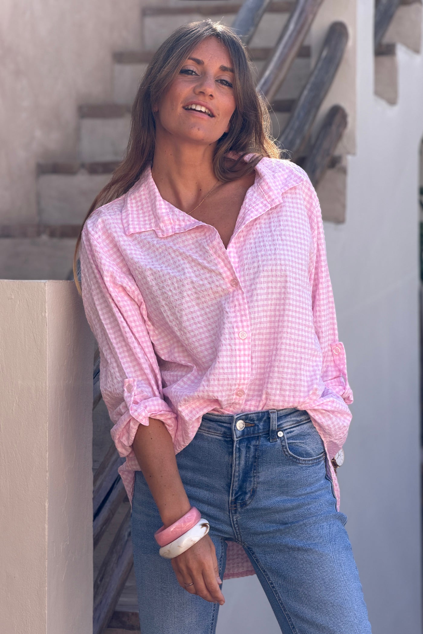 Light Pink Gingham Crinkle Gauze Blouse