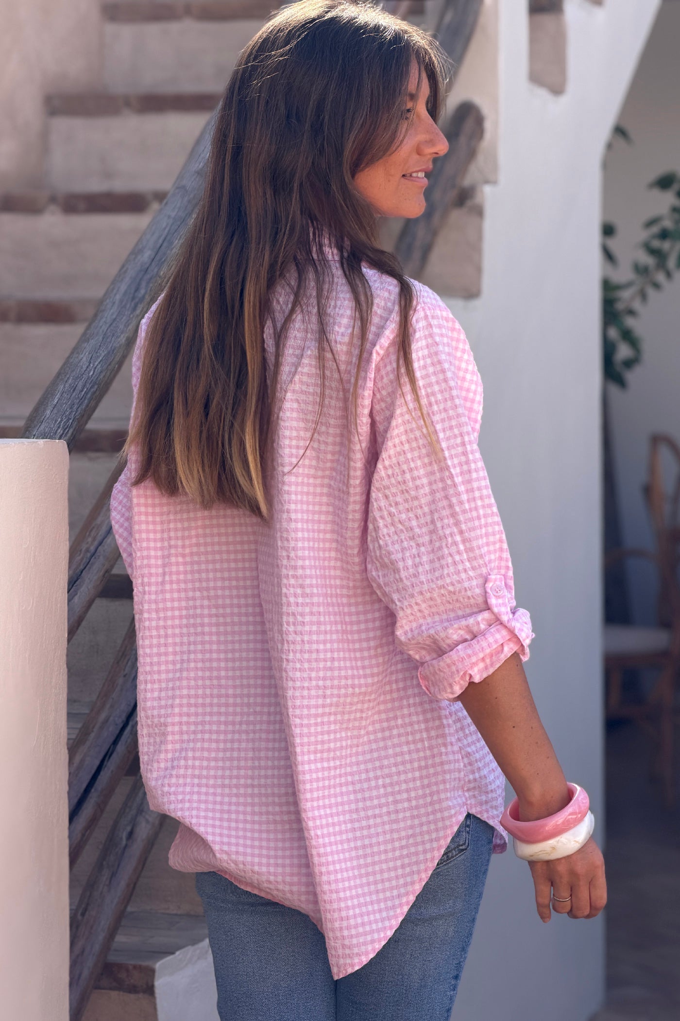 Light Pink Gingham Crinkle Gauze Blouse
